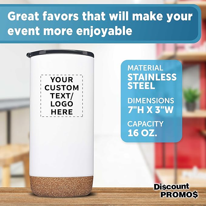 DISCOUNT PROMOS Custom Tumblers Cork Bottom 16 oz Set of 10/50/100 Personalized Bulk Pack Double Wall Insulated Matte Finish Iced Coffee Soda - White - Bloomnest