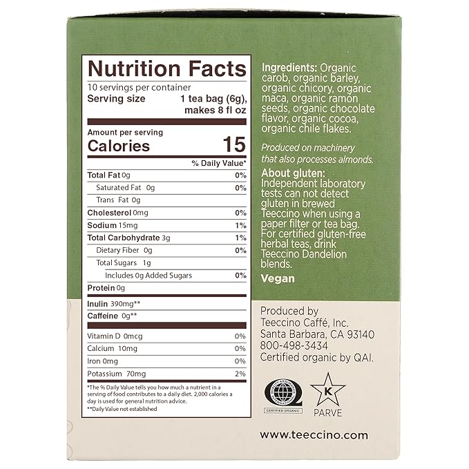Teeccino Maca Chocolaté Herbal Tea - Rich & Roasted Herbal Tea That’s Caffeine Free & Prebiotic with Natural Energy from Adaptogenic Peruvian Maca, 10 Tea Bags (Pack of 6) - Bloomnest