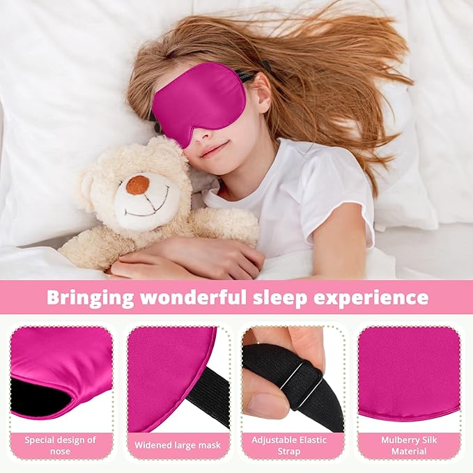 Kids Sleep Mask Eye Cover, 100% Real Natural Pure Silk Eye Mask with Adjustable Strap, Blindfold Kids Eye Mask for Sleeping, Eye Shade for Boys Girls and Adult, Pressure-Free Comfort (Rose red) - Bloomnest