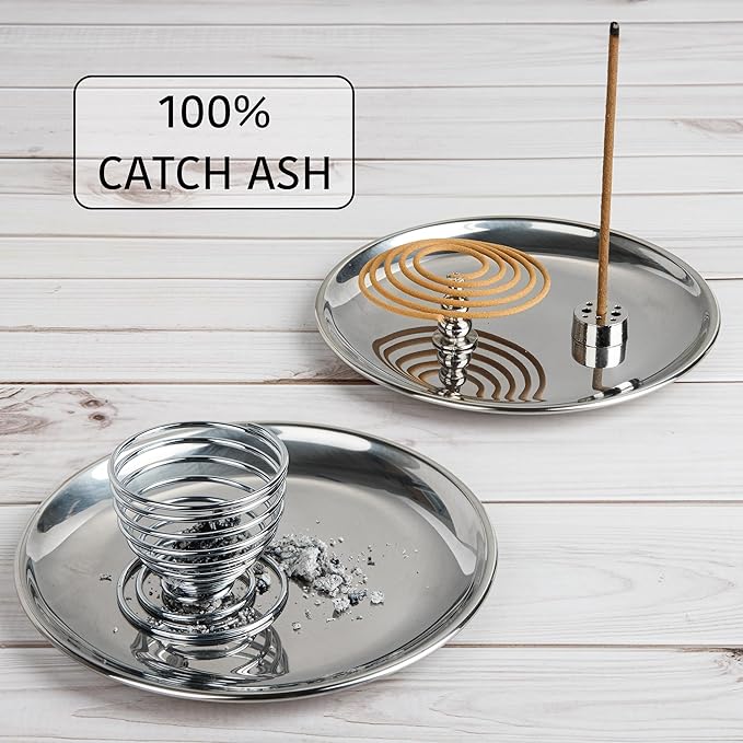 ZenBless 5 in 1 Incense Burner Holder, Palo Santo Holder, Sage Holder,Incense Sticks/Coil/Cones, 5.5 inches Brass Ash Catcher for Meditation Yoga Room(Silver) ZenBless