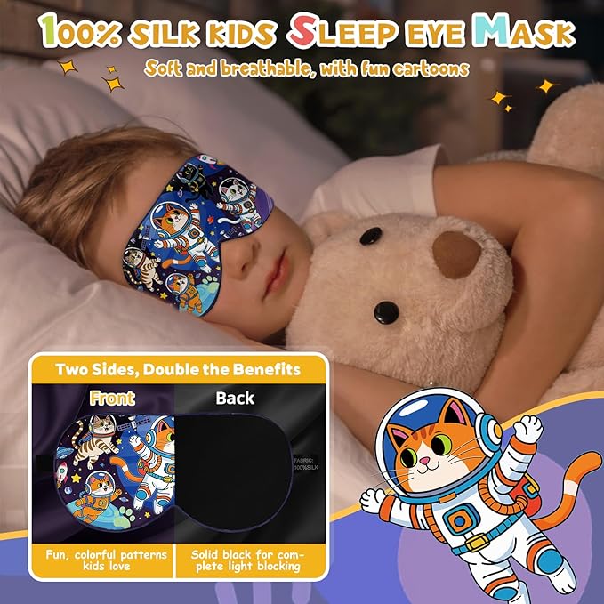 Silk Kids Sleep Mask: 100% Mulberry Silk Eye Mask, Sleeping Masks with Adjustable Strap, Soft & Light-Blocking Printed Kid Eye Cover for Boys Girls Teens Aged 5-15 (Space Cat Theme) - Bloomnest