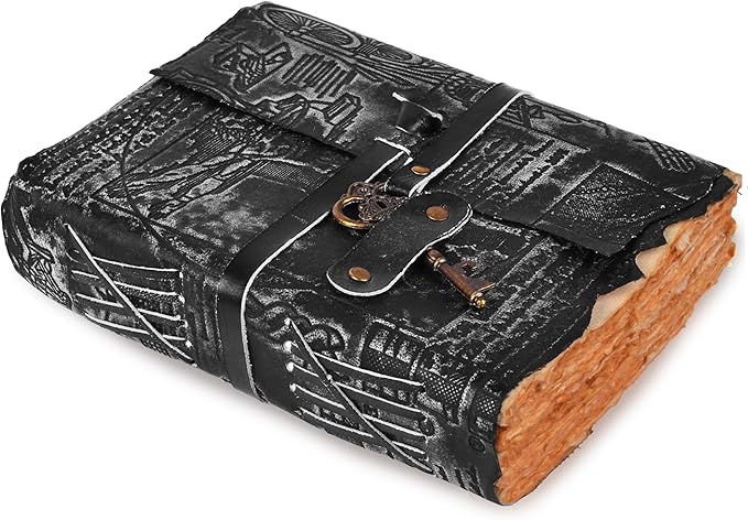 LEATHER VILLAGE Genuine Leather Handmade Journal for Men & Women – Vitruvian Man Embossed Cover – Key Closure – Book of Shadow – Vintage Deckle Edge Paper for Writing, Drawing – 7x5 Inches – Black - Bloomnest