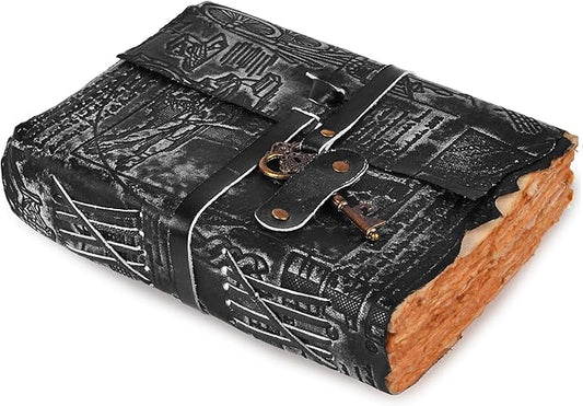 LEATHER VILLAGE Genuine Leather Handmade Journal for Men & Women – Vitruvian Man Embossed Cover – Key Closure – Book of Shadow – Vintage Deckle Edge Paper for Writing, Drawing – 7x5 Inches – Black - Bloomnest