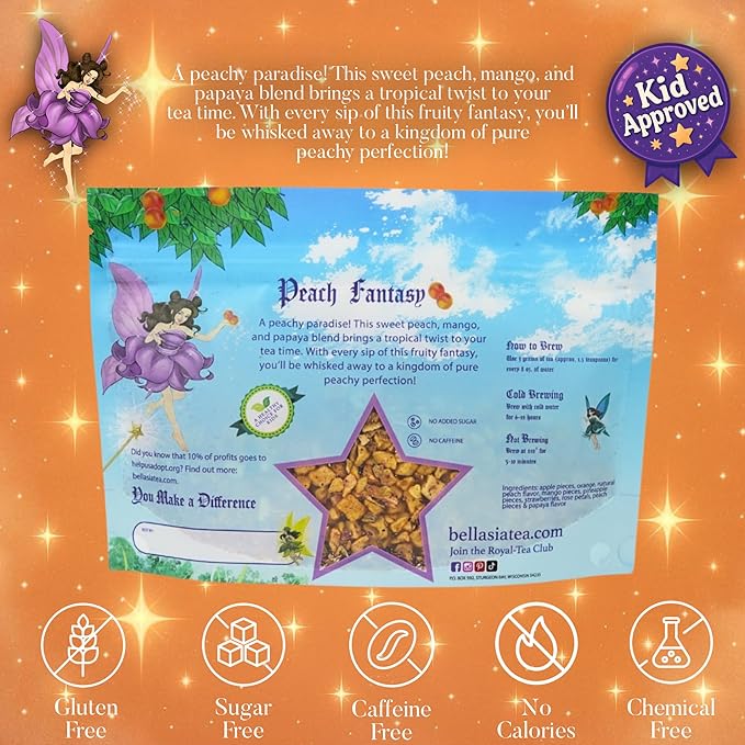 Bellasia Tea Peach Fantasy for Kids Using Real Fruit Pieces - Caffeine Free Herbal Tea Blend with Real Ingredients & Balanced Flavor- Add Loose Leaf Tea to Your Child’s Routine for A Fun & Tasty Drink - Bloomnest