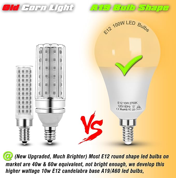 E12 A19 A60 LED Ceiling Fan Light Bulbs 100w Equivalent 2700K Warm White,E12 Small Candelabra Screw Base Globe Shape LED Bulbs 10W 1200lm for Chandelier Pendant Wall Sconces Vanity,Non Dimmable,3Pcs - Bloomnest
