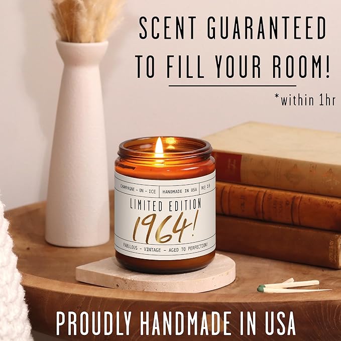 61st Birthday Gifts for Women - 'Limited Edition 1964' Soy Candle, w/Champagne on Ice I 61 Birthday Gifts for Women I 61st Gift for Her Ideas I 9oz Reusable Jar, 50Hr Burn, Made in USA - Bloomnest