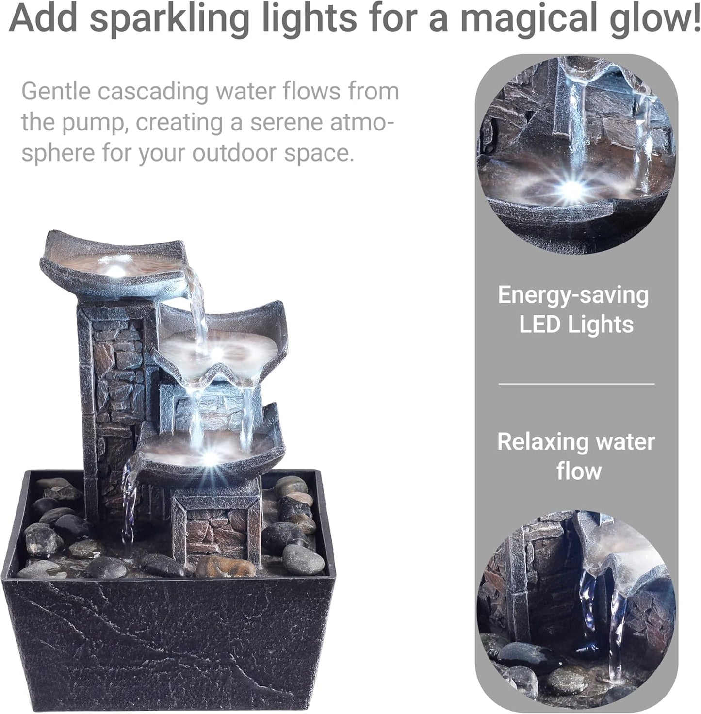 Tabletop Fountain Indoor Waterfall – 3-Tier Black Zen Decor with Pebble Base, White LED Light, Water Pump & On/Off Switch – Desktop Feng Shui Relaxation Gift for Home or Office (21110B)