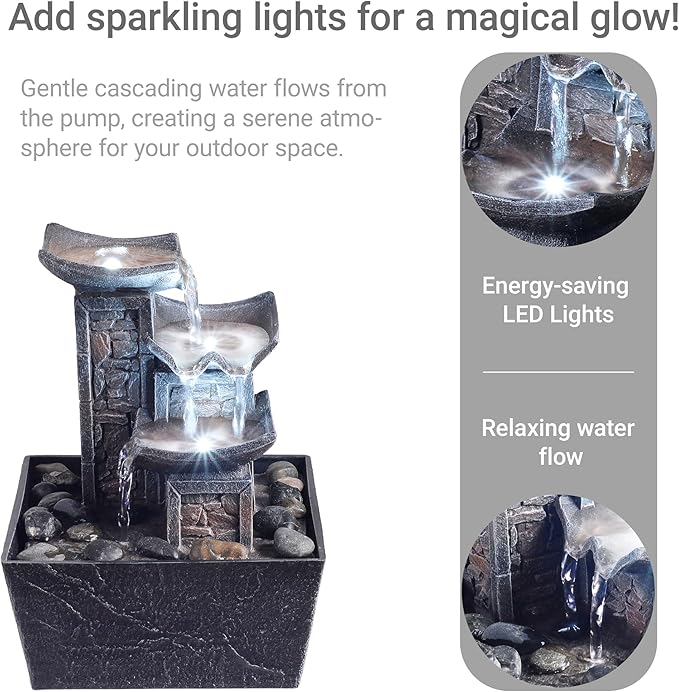 Tabletop Fountain Indoor Waterfall – 3-Tier Black Zen Decor with Pebble Base, White LED Light, Water Pump & On/Off Switch – Desktop Feng Shui Relaxation Gift for Home or Office (21110B) - Bloomnest
