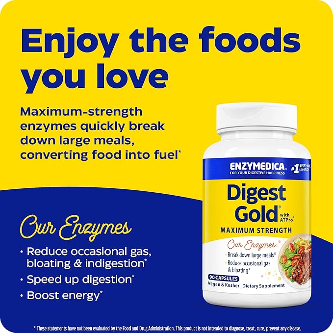 Enzymedica Digest Gold + ATPro, Maximum Strength, Fast-Acting, Helps Digest Large Meals, for Bloating and Gas, 90 Capsules - Bloomnest