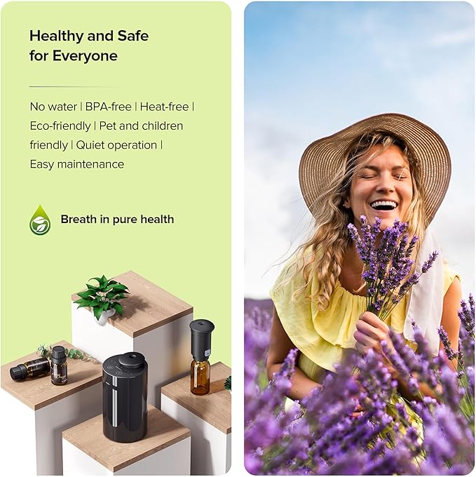 Waterless Essential Oil Diffuser for Home Aromatherapy Car Nebulizing Diffuser Battery Operated 20mL Mini Scent Air Machine Up to 600 Sq.Ft. 4 Countdown Timers 3 Mist-Level (AN7 Black 2PCS) - Bloomnest