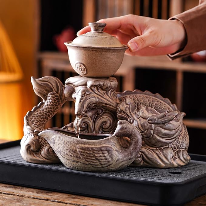 Semi Automatic Tea Set Ceramic Teapot with Infuser Magic Teapot with 8 cups (Retro Dragon-D) - Bloomnest