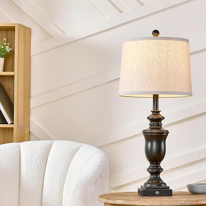 27.5" Set of 2 Farmhouse Table Lamps for Bedroom, 3 Way Dimmable Bedside Lamp with 2 USB +AC Outlet Nightstand Lamps for Living Room Resin Rustic Touch Lamps (Antique Black) - Bloomnest