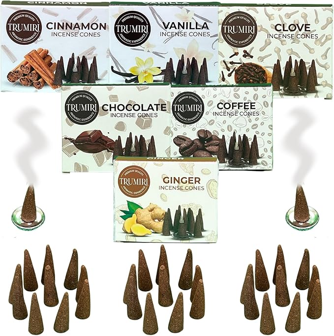 TRUMIRI Gourmet Incense Cones - Variety Pack - Total 60 Cone Incense (6 Scents x 10 Conos) - Vanilla, Cinnamon, Coffee, Chocolate, Clove, Ginger - Cone Incense Scents - Insense Cones - Incent Cone TRUMIRI