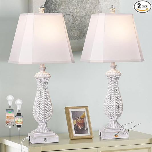3-Way Dimmable Table Lamps for Bedrooms Set of 2, 30" H Touch Lamps for Living Room with with USB & Type-C Ports, White Mermaid Bedside Lamp for Nightstand, Resin Farmhouse Rustic Lamp with 2 Bulb - Bloomnest