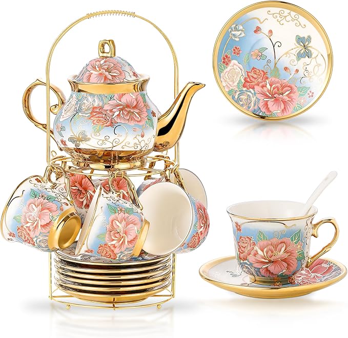 20 Pieces Porcelain Tea Set With Metal Holder, European Ceramic tea set for adults,Flower Tea Set,Tea Set For Women With Flower Painting (VIVID BLUE, Largr Vision) - Bloomnest