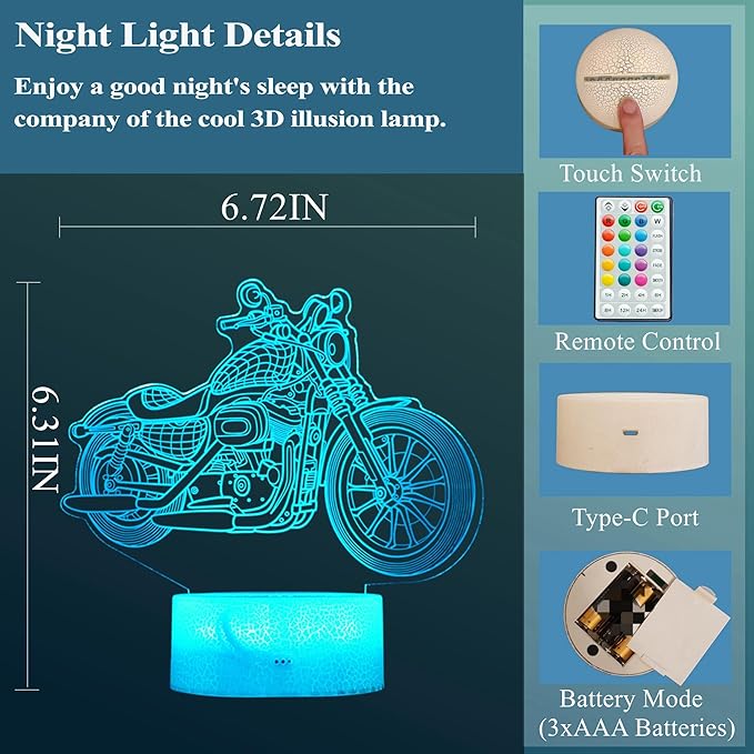 Motorcycle Gifts, Motorcycle Night Light, Motorbike 3D Illusion Lamp, 16 Colors Changing, Timer, 4 Flash Modes and Dimmable，LED, Kids Room Decoration, Xmas Birthday Gifts - Bloomnest
