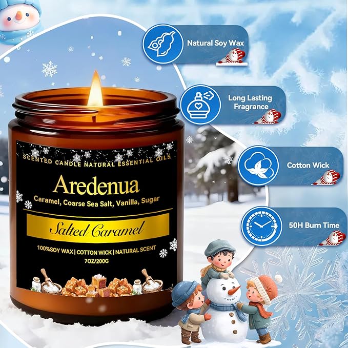 Winter Candles - Salted Caramel Candle | Cozy Holiday Scented Candles - 7oz Jar Soy Candle for Winter Home, Holiday & Christmas Gifts for Women Men - Bloomnest