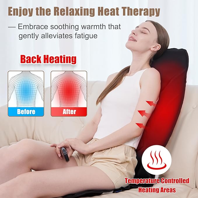 Portable Back Massager with Heat & Vibration - Deep Tissue Pain Relief for Shoulder, Back, Lower Back and Thighs - Office Chair Massage Pad, Ideal Gift for Men and Women - Bloomnest