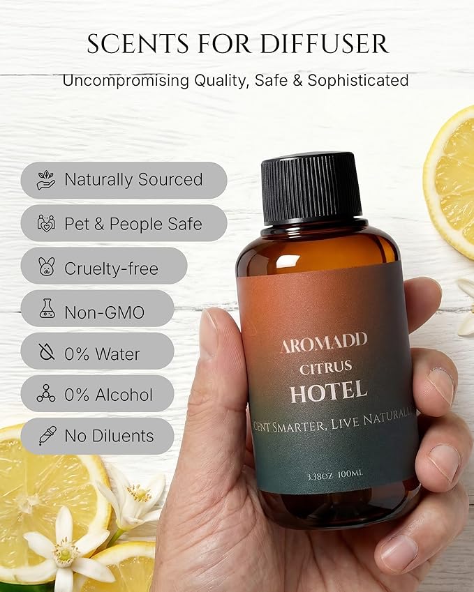 Aromadd Citrus Hotel Diffuser Oil Inspired by Luxury Hotel Scent, Essential Oils for Waterless Diffuser, Luxury Lemon & Bergamot, Long-Lasting & Natural Home Fragrance - 3.38 fl oz (100 mL) - Bloomnest