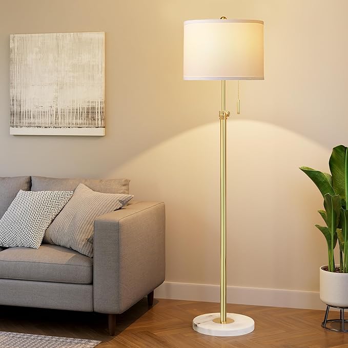 PARTPHONER Floor Lamp for Living Room, 66'' Adjustable Height Standing Lamp with Marble Base, 3-Color Tall Lamps with Pull Chain, Suitable for Bedroom, Reading, Office (Bulb Included, White Shade) - Bloomnest