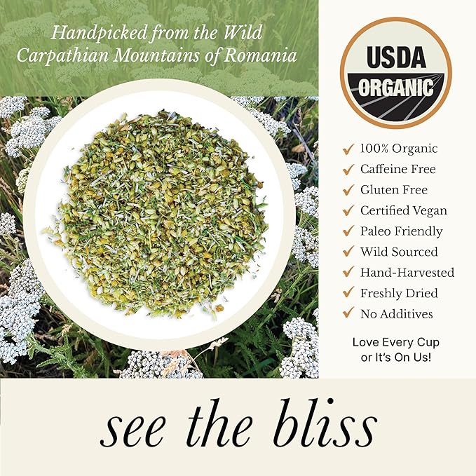 Wild Bliss Organic Yarrow Tea - Caffeine Free Loose Leaf Herbal Tea - Pharmacopoeia Potency - 1.76 Ounces - 25 Servings - Bloomnest