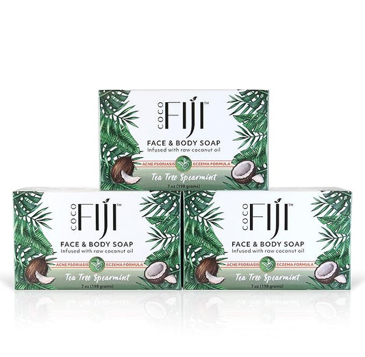 "Coco Fiji Soap Bar for Face and Body Infused With Organic Coconut Oil, Tea Tree Spearmint Essential Oil, Natural Soap for Moisturizing & Pore Purifying Skin, 7 oz, Pack Of 3 "