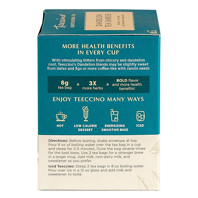 Teeccino Dandelion Tea Sampler - Caramel Nut, Coconut, Dark Roast, Mocha Mint, Red Chai, Turmeric - Roasted Herbal Tea, Caffeine Free & Prebiotic with Detoxifying Dandelion - 12 Tea Bags - Bloomnest