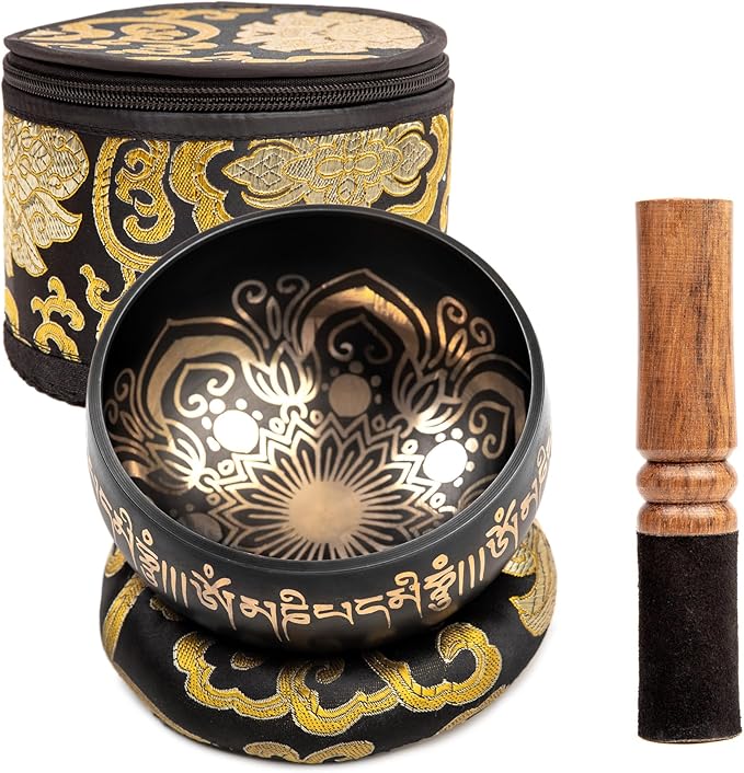 Tibetan Singing Bowl Set - 4" Easy To Play Authentic Handmade For Meditation Sound 7 Chakra Healing By HIMALAYAN BAZAAR (Black with Box, 4") - Bloomnest