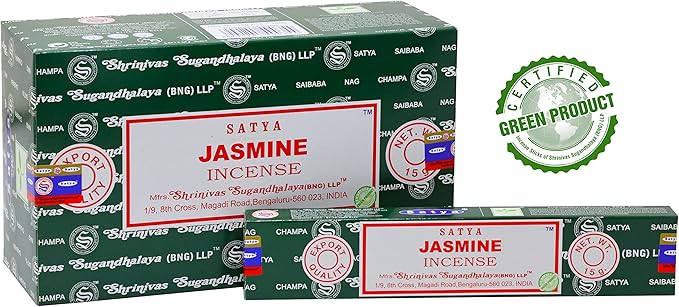 EARTH Satya Jasmine Incense Sticks 15 GMS (Pack of 12) (Green Certified) Indian Perfumed Hand Rolled Agarbatti Perfect for Worship,Relaxation, Medication. Earth