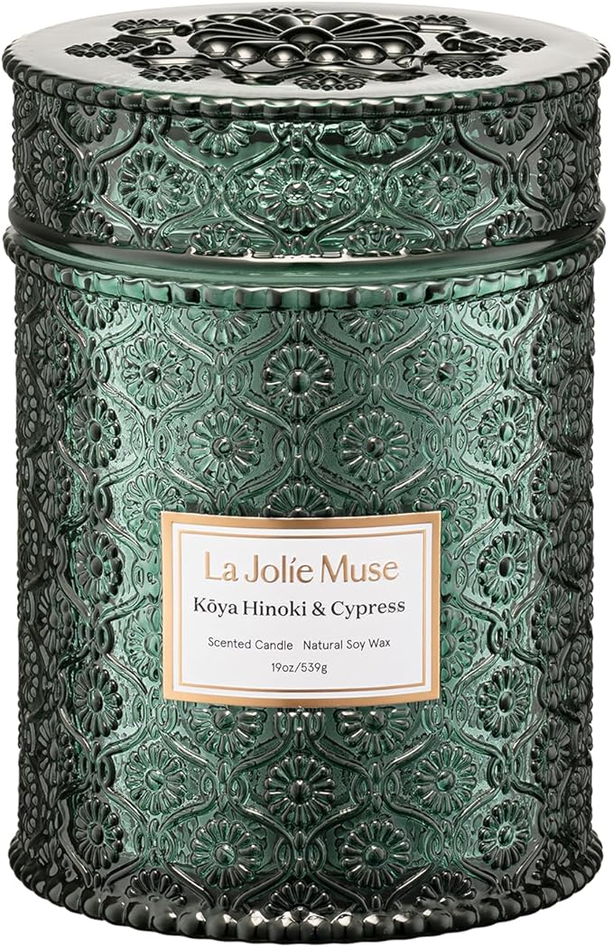 LA JOLIE MUSE Kōya Hinoki & Cypress Scented Candle – Pine, Leather & Hinoki | 19 oz Festive Christmas Candle | Wooden Wick | Clean Burn & Vibrant Scent | Fun Gift for Hosts & Fall Tablescapes - Bloomnest