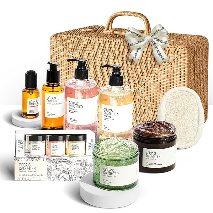COBA'S DAUGHTER Rattan Gift Basket - 11-Piece Spa Inspired Bath, Body & Hair Kit for Women, Includes Coffee Scrub, Aloe Soothing Gel, Hair Serum, and Travel Minis - Bloomnest