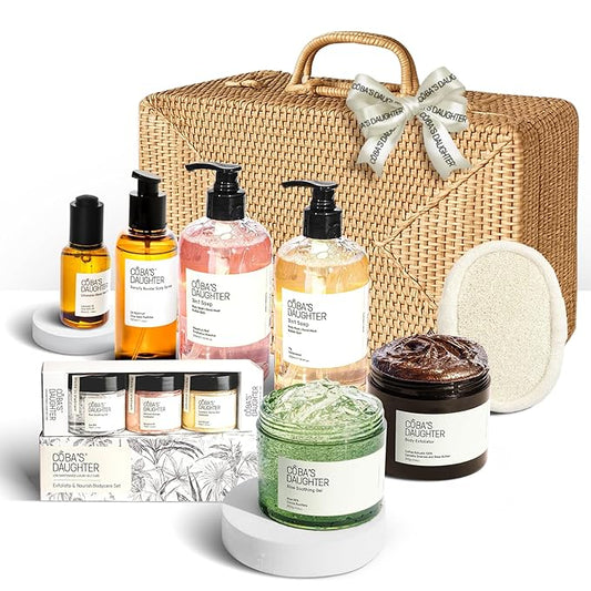 COBA'S DAUGHTER Rattan Gift Basket - 11-Piece Spa Inspired Bath, Body & Hair Kit for Women, Includes Coffee Scrub, Aloe Soothing Gel, Hair Serum, and Travel Minis - Bloomnest