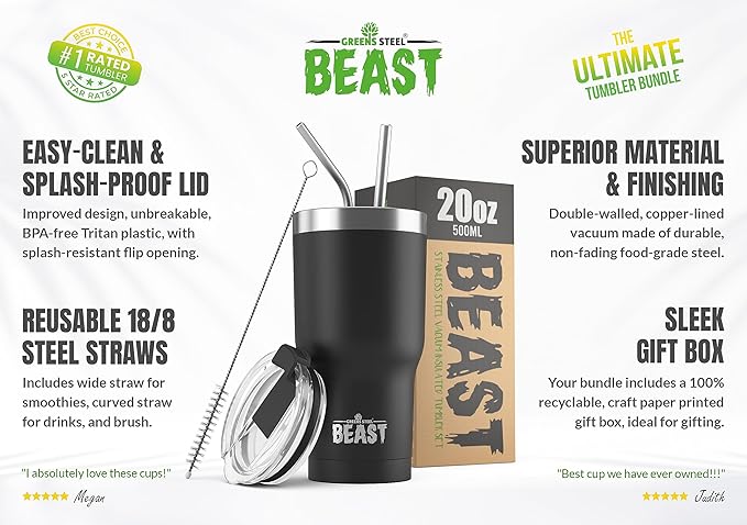 Beast 20 oz Tumbler Stainless Steel Vacuum Insulated Coffee Ice Cup Double Wall Travel Flask (Matte Black) - Bloomnest