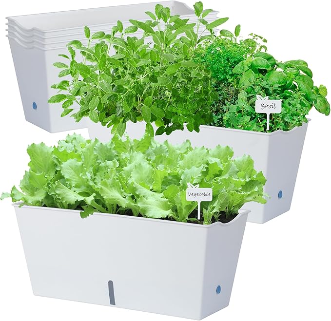Window Box Planter 6 Pcs, 16.5 Inches Self Watering Rectangle Flower Plant Pots with Drainage Holes Trays, Vegetable Planters for Windowsill Patio Garden Balcony Porch Yard (White) - Bloomnest