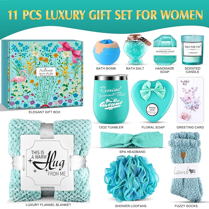 Birthday Gifts for Women, Thinking of You Gift Care Package with Luxury Flannel Blanket for Women Mom Her Wife Friends Sister, Blue Self Care Spa Relaxing Baskets for Christmas Valentines Mothers Day - Bloomnest
