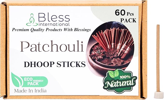 Bless-International Patchouli-100%-Natural-Incense-Bambooless-Dhoop-Sticks Handmade-Organic-Chemicals-Free for-Purification-Relaxation-Positivity-Yoga-Meditation The-Best-scents-4.5-Inches-60-Sticks