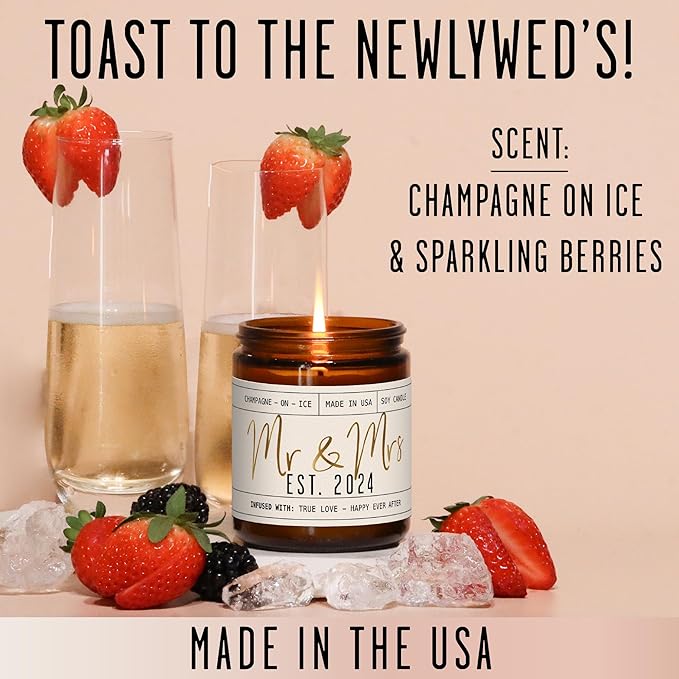 Wedding Gifts for Couples 2024, Mr and Mrs Gifts - 'Mr & Mrs Est. 2024' Candle, w/Champagne on Ice I Unique Newlywed Wedding Gifts for Couple I Wedding Shower Gifts Bride & Groom I 50Hr Burn,USA Made - Bloomnest