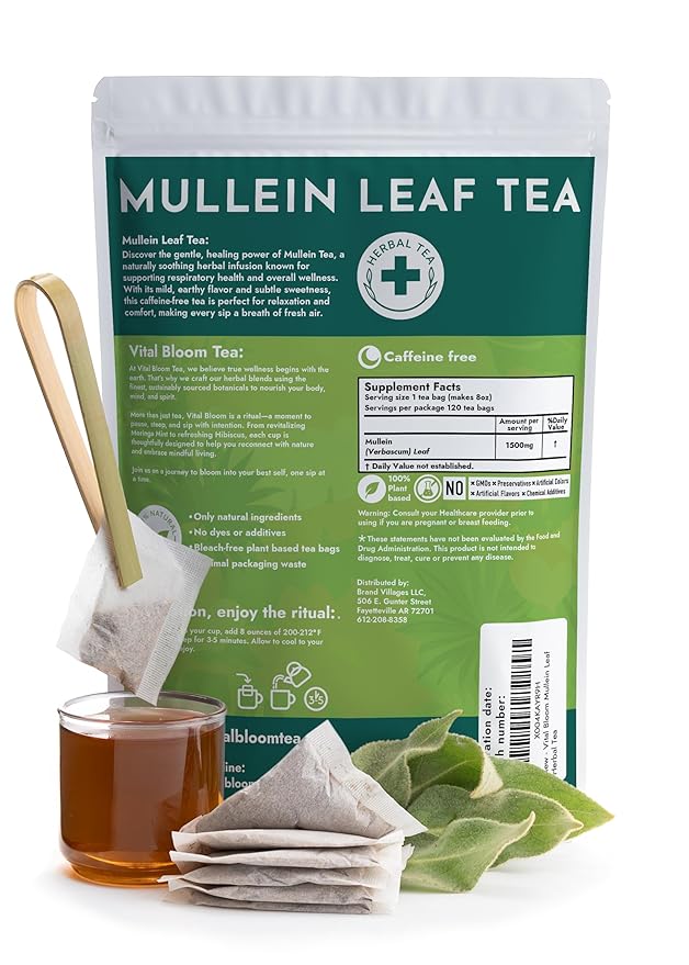Vital Bloom Mullein Leaf Tea, 120 Tea Bags, 100% Pure Mullein Leaves, support for Lungs Cleanse and Respiratory Support, Bleach Free Tea Bags, Non GMO (Free Tongs Included) - Bloomnest