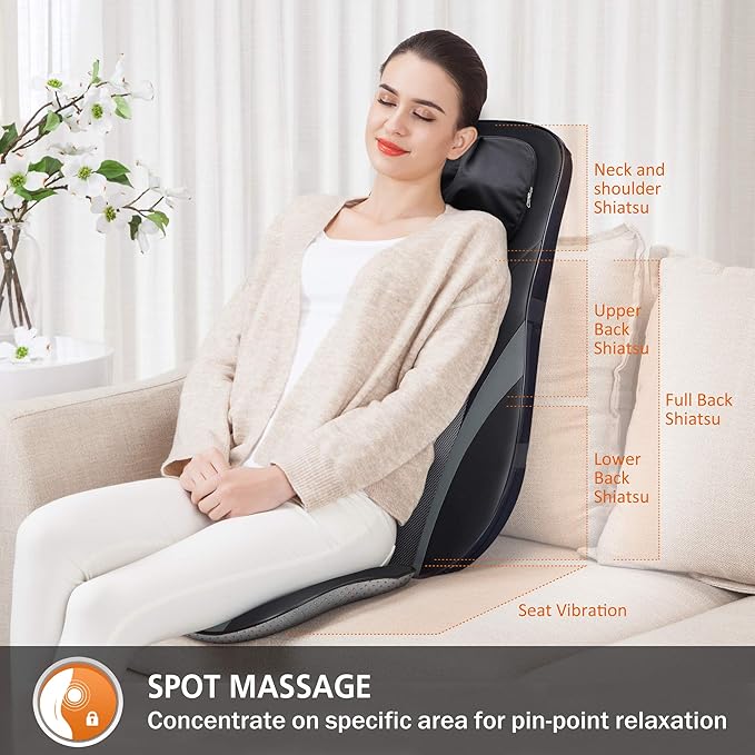 Snailax Shiatsu Back Massager with Heat -Deep Kneading Massage Chair Pad with Adjustable Intensity, Shiatsu Chair Massager to Relax Full Body Muscle - Bloomnest