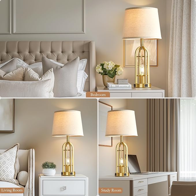 Gold Table Lamps for Living Room Set of 2 - Modern Farmhouse Bedside Lamps for Bedroom Night Stands with Nightlight and USB A+C, Industrial Lamp for Living Room End Tables - Bloomnest