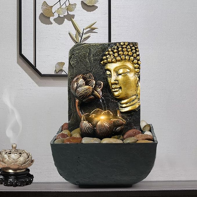 Ferrisland Tabletop Buddha & Lotus Waterfall Fountain with LED Light, Perfect for Zen Home & Office Decor(Gold) - Bloomnest