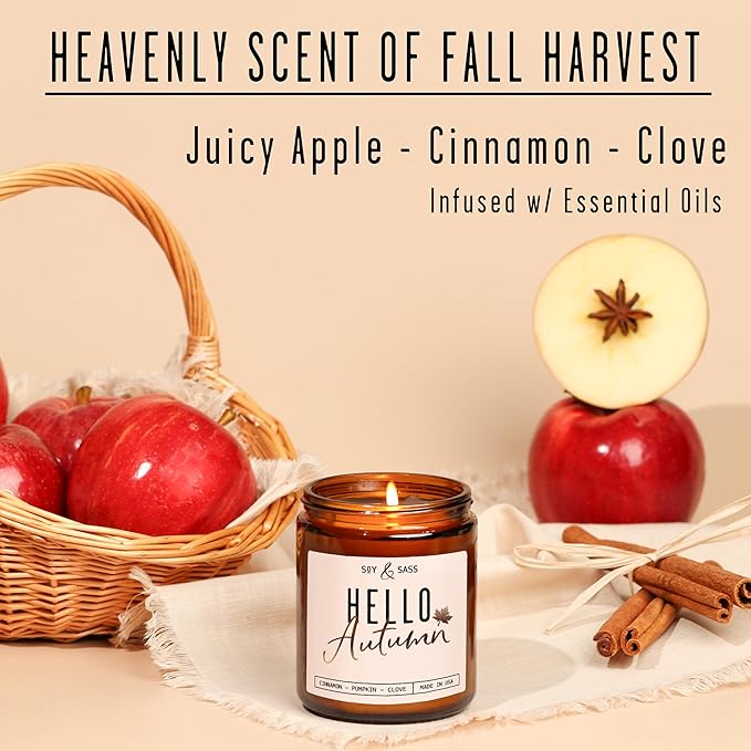 Fall Candles - ‘Hello Autumn’ Soy Fall Candle w/Apple, Cinnamon & Nutmeg I Infused with Essential Oils I Autumn Scented Candles I Cozy Décor Gifts I 9oz Jar I 50Hr Burn I Made in USA - Bloomnest