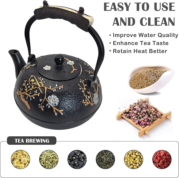 Cast Iron Teapot SECHUDO Teapot for Stovetop Safe Coated with Enameled Interior,Japanese Beautiful Tea Kettle with Stainless Steel Infuser for Loose Tea (60.9oz Plum Blossoms and Bird Pattern) - Bloomnest