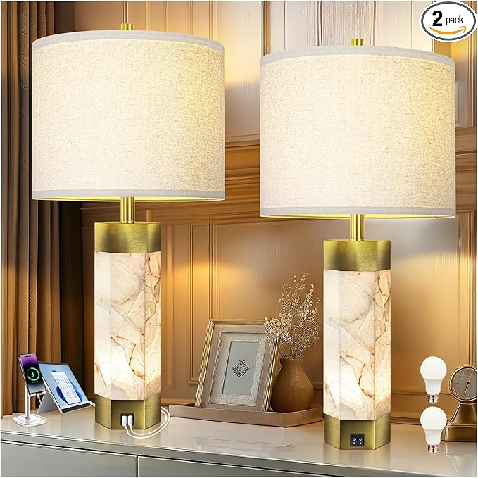 Natural Alabaster Table Lamps Set of 2,Table Lamp with Night Light for Living Room,Nightstand Lamp with USB Ports,Bedside Lamp with Linen Fabric Shade for Bedroom,Living Room,Office,Bar(Bulb Included) - Bloomnest
