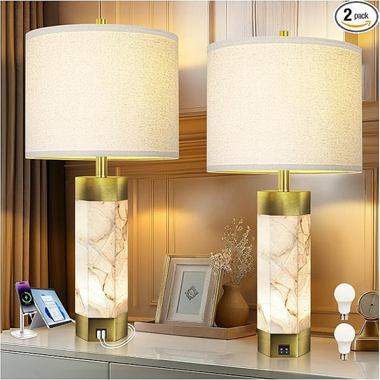 Natural Alabaster Table Lamps Set of 2,Table Lamp with Night Light for Living Room,Nightstand Lamp with USB Ports,Bedside Lamp with Linen Fabric Shade for Bedroom,Living Room,Office,Bar(Bulb Included) - Bloomnest