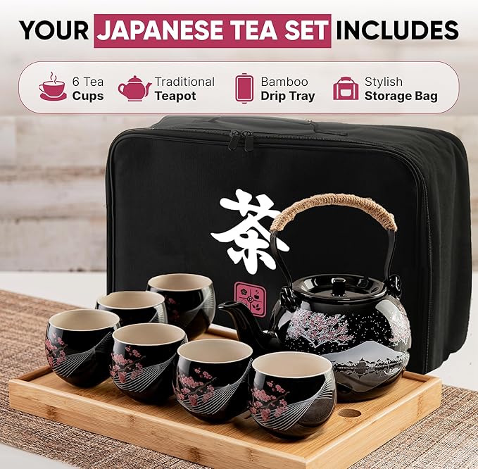 Traditional Japanese Tea Set - Ceramic Tea Set with Teapot, 6 Tea Cups, 1 Bamboo Tea Tray & Storage Gift Bag for Travel, Home or Outdoor, Tea Sets for Adults with Teapot and Tray, Men or Women | 茶具 - Bloomnest