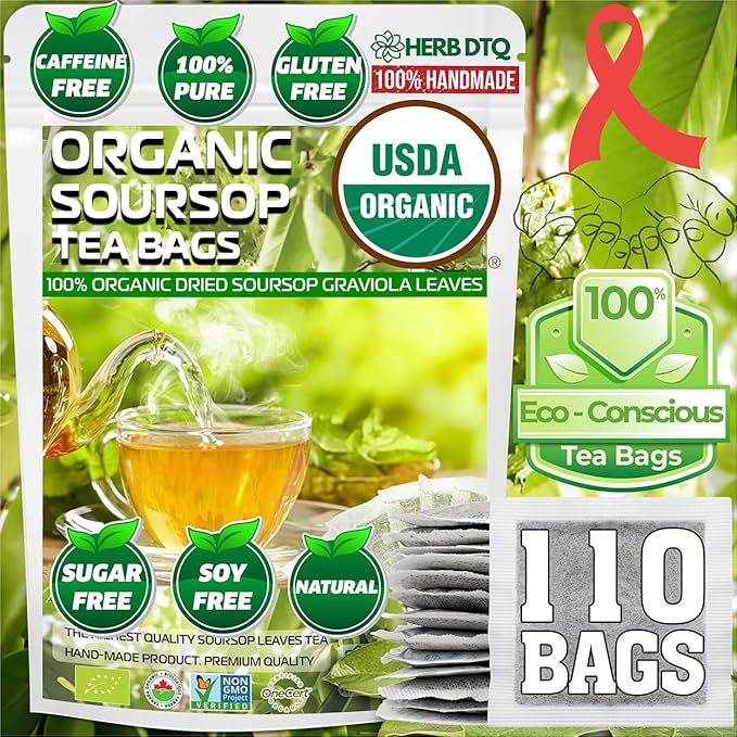 Organic Soursop Leaf Tea Bags - USDA Certified, 100% ORGANIC and Pure from Soursop Leaves, Non-GMO, Sugar/Caffeine/Gluten Free, Eco-Conscious Corn Fiber - Graviola Tea Bags.Hojas De Guanabana Tea (110 teabags) - Bloomnest