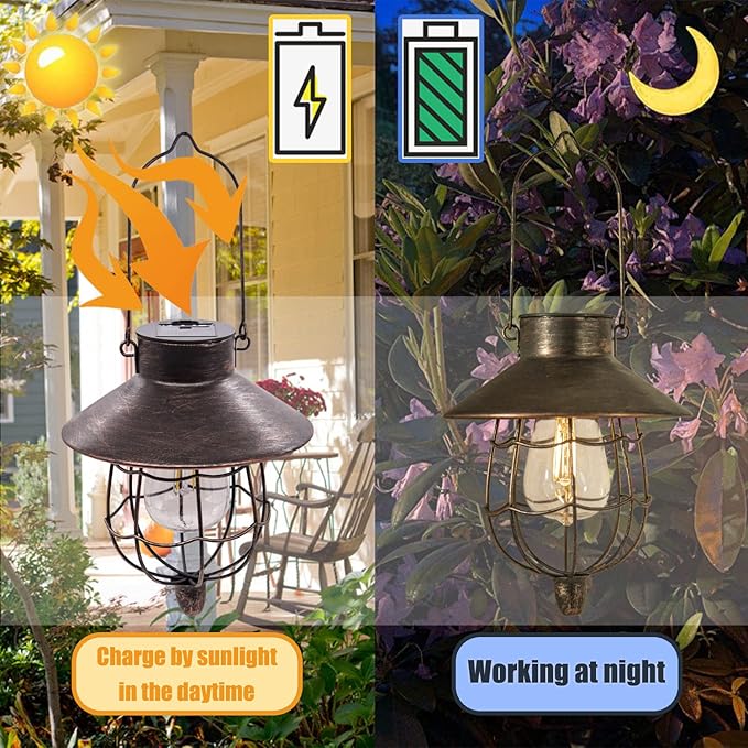 YAKii 2 Pack Solar Lantern Hanging Waterproof Outdoor Metal Solar Lamp with Warm White Light Decorate for Yard Garden Pathway Patio Porch Decor (Antique Copper) - Bloomnest