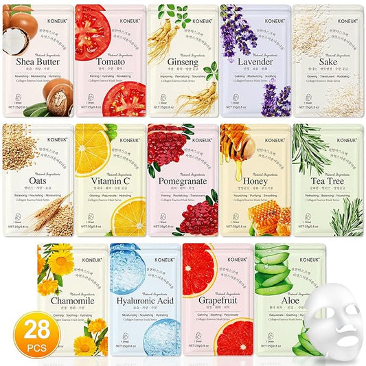 28 Pack Sheet Face Masks Skincare, Hydrating Face Masks Suitable for Sensitive Skin, Bulk Facial Mask Gifts Set for Women Skin Care, Home Skincare Spa for All Skin Types - Bloomnest