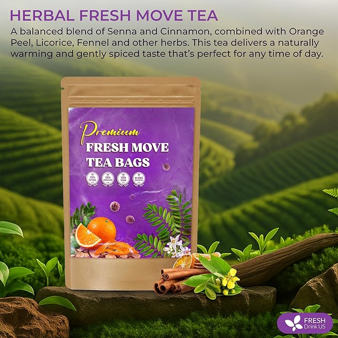 FreshDrinkUS, Fresh Move Tea – 75 Tea Bags - Herbal Tea Blend with Senna Leaves, Cinnamon, Orange Peel, Ginger & More – Caffeine-Free, Natural Ingredients – Smooth Flavor for Everyday Enjoyment - Bloomnest